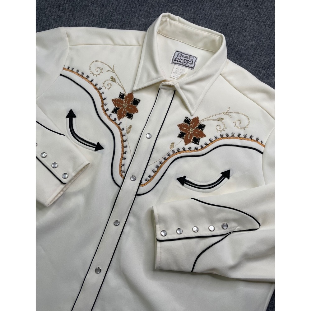 H Bar C Western Shirt Mens 18 Cream Embroidered Pearl Snap Floral Vintage